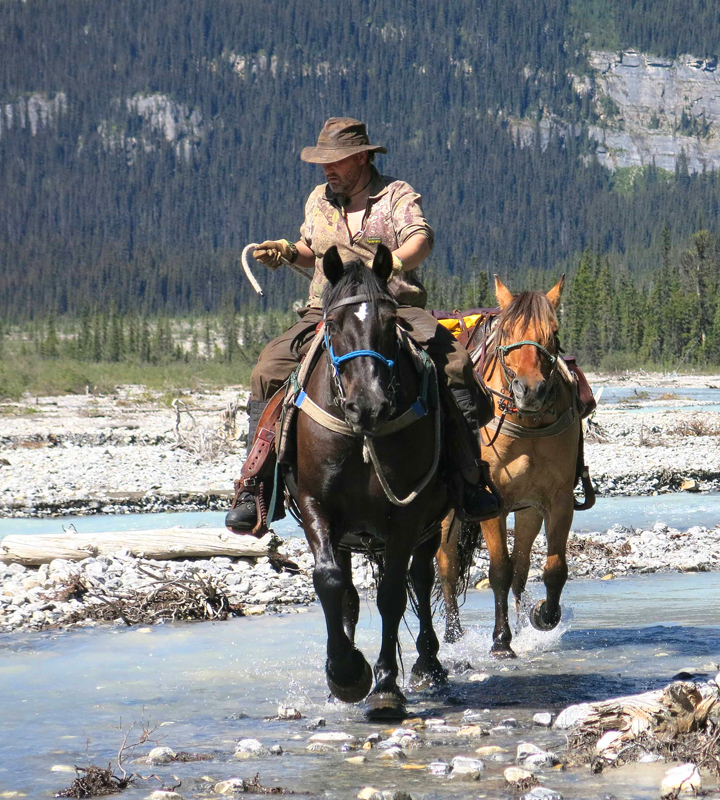 Traversing Canadian Rockies, Tania Millen, holidays on horseback, Alberta pack-trip, Azure Lake, Sulphur River, Jasper National Park, Summit pass, crossing Chown Creek
