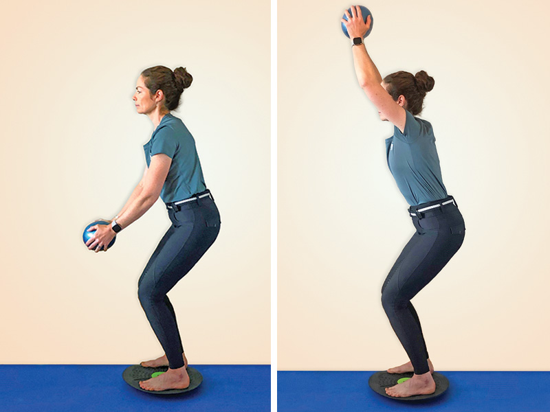 Weighted ball exercises, core work horse riders, Upper Body Strengthening, Balance Board Squats, Exercises for Horse Riders