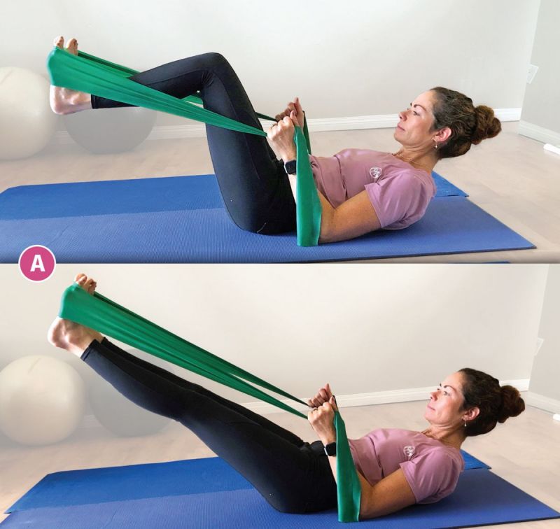 pilates leg extensions with band, pilates for equestrians, sandra verda zanatta, core strength equestrians, workouts for horse people