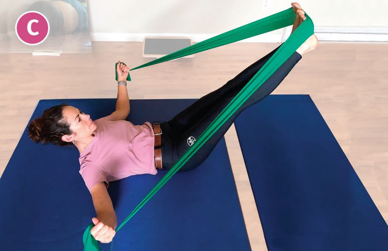 pilates leg extensions with band, pilates for equestrians, sandra verda zanatta, core strength equestrians, workouts for horse people