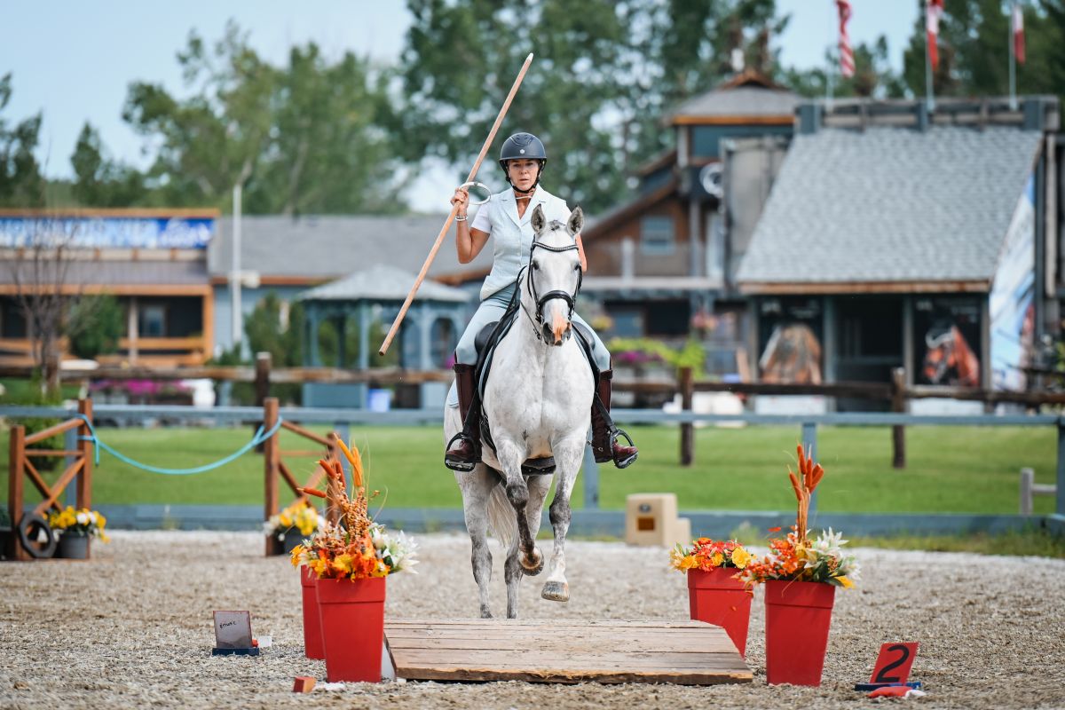 susanne zimmerman riding working equitation, Canadian working equitation rider competing with traditional garrocha during international competitio