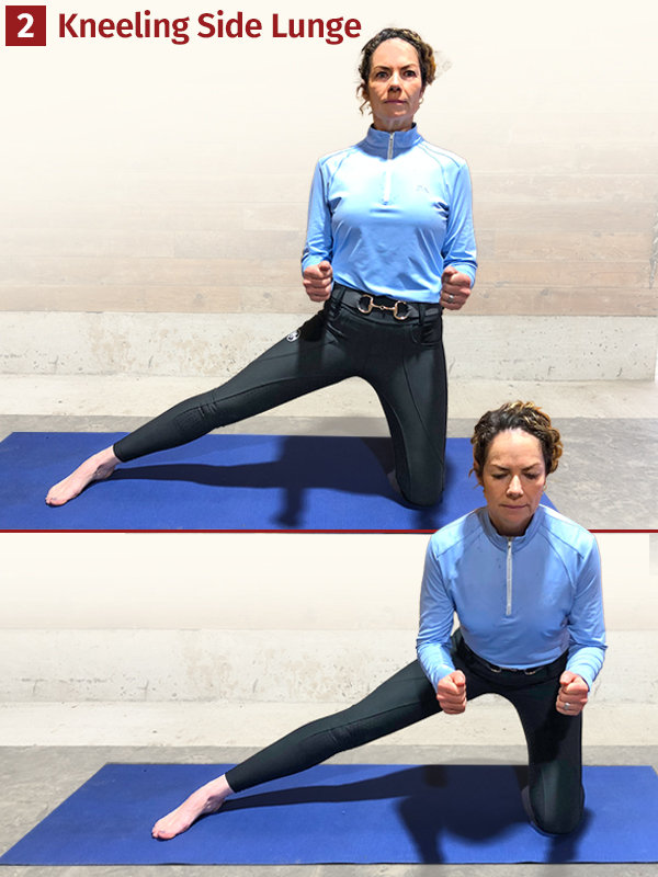 kneeling side lunge exercise, exercises for horse riders, pilates for horse riders, mobility for horse riders, exercises for hip mobility, equestrian sport fitness, sandra verda zanatta, fit to ride 