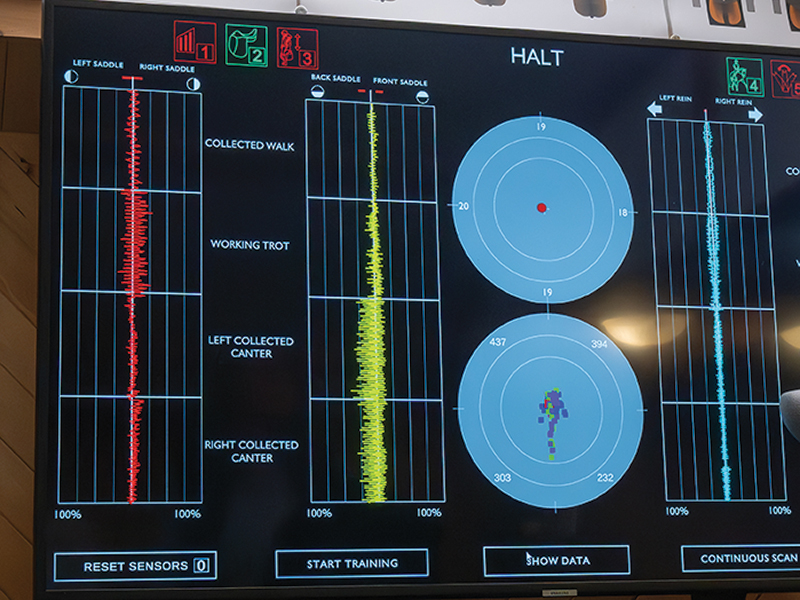 Digital feedback screen showing rider balance, weight distribution, rein contact, and leg pressure during simulator training.