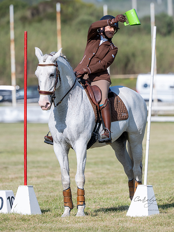 Working equitation rider completing the switch-a-cup obstacle