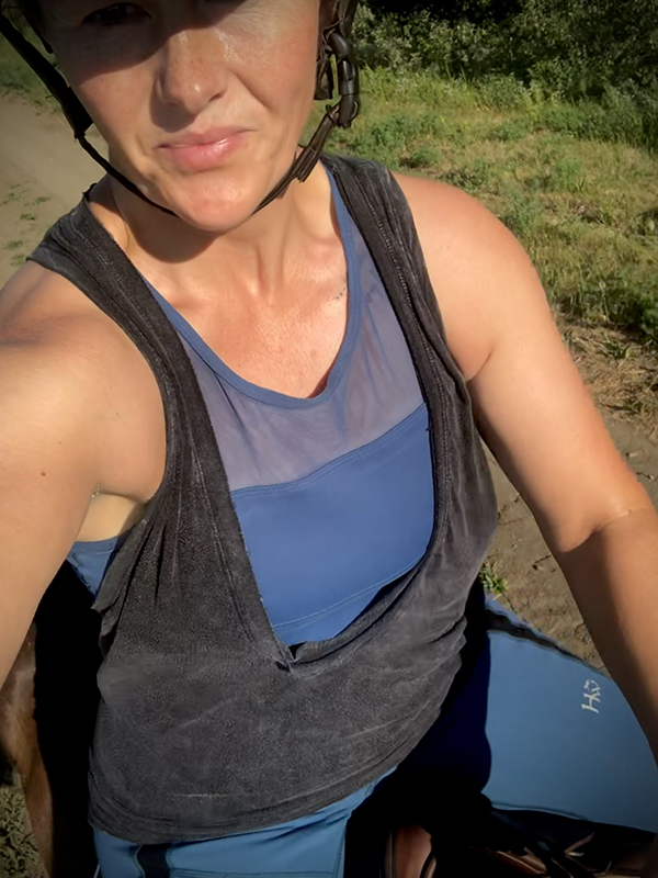 Rider feeling strong, balanced, and comfortable back in the saddle while horseback riding.