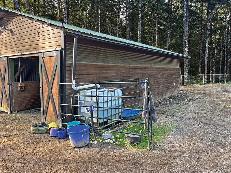 Rainwater catchment system on a horse farm collecting water from barn gutters for future irrigation and water conservation