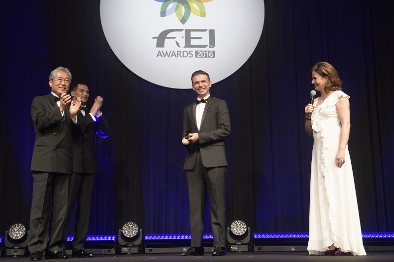 Rio 2016 Olympic Jumping champion Nick Skelton (GBR) FEI Awards gala dinner in Tokyo (JPN) nick skelton FEI Best Athlete honour, Brazil’s Rodolpho Riskalla, Sönke Rothenberger, Mark Beever (GBR), SA Charif Moulay Abdellah Alaoui, President of the Royal Moroccan Federation for Equestrian Sports, Rodolpho Riskalla (BRA)